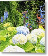 Garden With White Lavender Hydrangeas And Bluebells Metal Print
