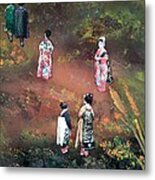 Geisha In Misty Garden Metal Print