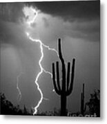 Giant Saguaro Cactus Lightning Strike Bw Metal Print