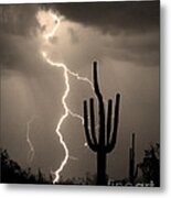 Giant Saguaro Cactus Lightning Strike Sepia Metal Print