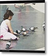 Girl Feeding Pigeons Metal Print