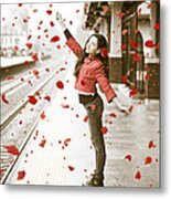 Girl With Red Umbrella Metal Print