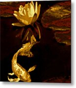 Golden Koi Fish And Water Lily Flower Metal Print