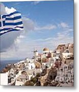 Greek National Flag Waving Over Oia - Santorini - Gr Metal Print