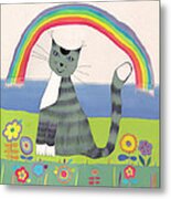 Grey Cat Under Rainbow Metal Print