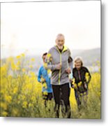 Group Of Seniors Running Outside On The Meadow. Metal Print