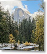 Half Dome And The Merced River After A Snowfall Metal Print