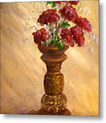 Hand Painted Still Life Red Flowers Gold Vase Metal Print