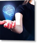 Hand Showing A Brain Hologram Metal Print