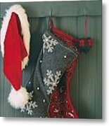 Hanging Stockings And Santa Hat On Hook Metal Print