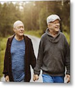 Happy Gay Couple Looking Away While Walking On Road Amidst Trees Metal Print