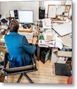 High Angle View Of Office Worker Working On Computer Metal Print