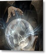 Hooded Man Wearing Dark Cloak Holding Glowing Crystall Ball With Human Skull Image Inside Metal Print