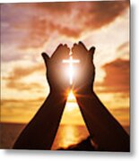 Human Hands Open Palm Up Worship. Eucharist Therapy Bless God Helping Repent Catholic Easter Lent Mind Pray. Christian Religion Concept Background. Fighting And Victory For God Metal Print