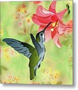 Hummingbird With Pink Lily Against Floral Fabric Metal Print