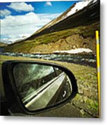Iceland Roadtrip - Landscape And Rear Mirror Of Car Metal Print