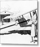 Illustration Of A Woman Standing Next To A Biplane Metal Print