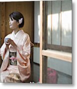 Japan, Tokyo, Woman In Kimono Drinking Tea Metal Print