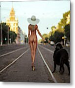 Lady With Her Dog Metal Print