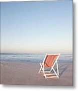 Lawn Chair On Empty Beach Metal Print
