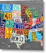 License Plate Map Of The United States On Gray Wood Boards Metal Poster