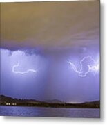 Lightning And Rain Over Rocky Mountain Foothills Metal Print