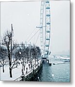 London Eye And Southbank In Snow Metal Print