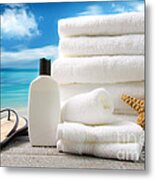 Lotion  Towels And Sandals With Ocean Scene Metal Print