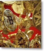 Lots Of Shiny New Gold Bitcoins Falling Metal Print