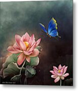 Lotus Flower And Blue Butterfly Metal Print