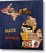 Made In Michigan Products Vintage Map On Wood Metal Print