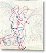 Man And Woman Running Together In City Metal Print