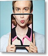Man Covering Half His Face With Digital Tablet, With Womans Mouth Metal Print