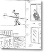 Man On A Tightrope Outside An Office Building Metal Print
