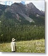 Man Standing In A Field Of Daisies In The Mountains Metal Print