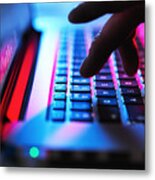 Man Typing At His Laptop Computer At Night Metal Print