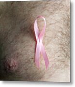 Man Wearing A Pink Breast Cancer Awareness Ribbon On His Bare Chest Metal Print
