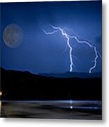 Misty Lake Full Moon Lightning Storm Fine Art Photo Metal Print