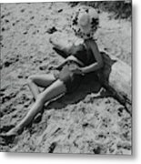 Model Covering Her Face With Hat On Beach Metal Print