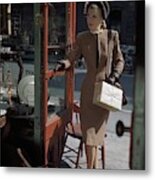 Model In A Wool Suit Walking Into A Store Metal Print