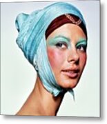 Model Wearing A Blue Headscarf Metal Print