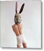 Model Wearing A Rabbit Mask Metal Print