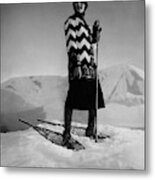 Model Wearing A Striped Sweater On Snow Metal Print