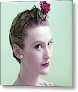 Model Wearing Hat Of Leaves And A Rose Metal Print
