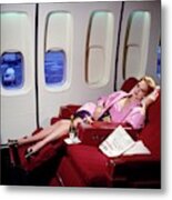 Model Wearing Pink Jacket On Airplane Metal Print