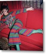 Model Wearing Striped Pajamas By Galanos Metal Print