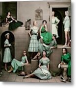 Models In Various Green Dresses Metal Print