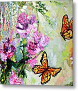 Monarch Butterflies And Peonies Metal Print