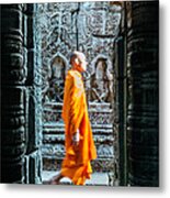 Monk Walking Inside Angkor Wat Temples - Cambodia Metal Print