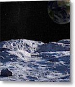 Moon Surface With Distant Earth And Starfield Metal Print